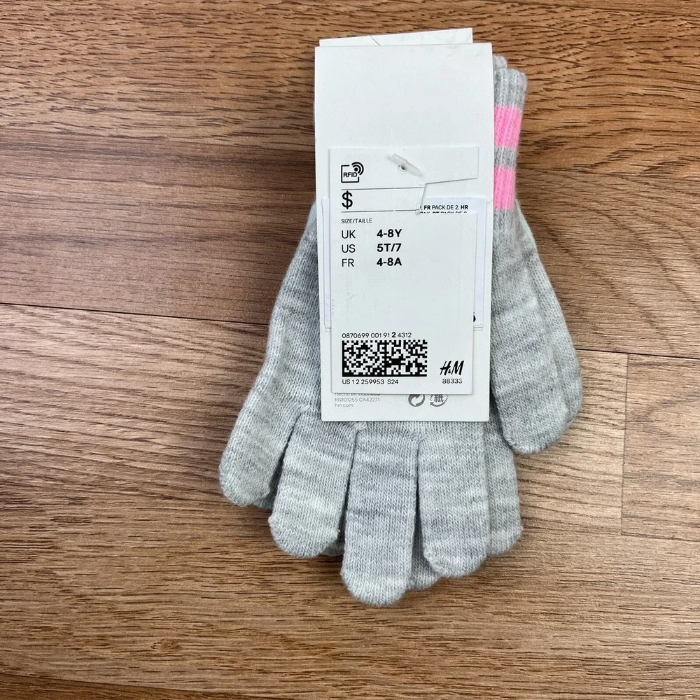 H&M Lot of 2 Pairs Girls Gloves Size 5t/7 Grey Green Cat‎ NEW